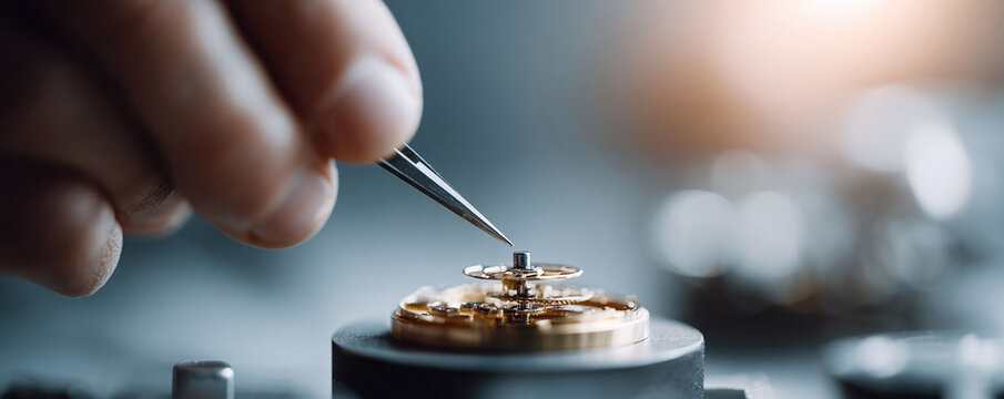 Intricate macro shot of a watchmaker meticulously assembling a mechanical movement with precision tweezers. Symbolizing craftsmanship, detail,  timelessness. Use for finance, tech, luxury.