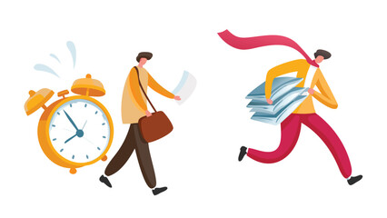 Frantic employee rushing to work clutching important documents with a prominent clock indicating they are late symbolizing deadline pressure and time management challenges