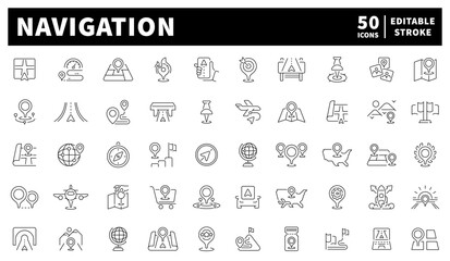Navigation icons set. editable line icons, outline, map and direction symbols