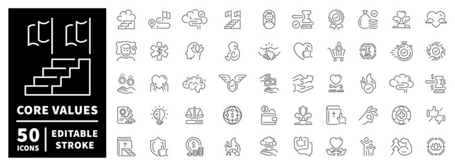 Core values icons set . editable line icons, outline, principles, mission, vision