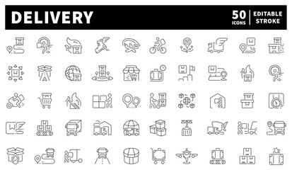 Delivery icons set. editable line icons. outline, shipping, logistics symbols