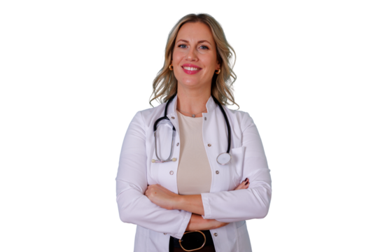 Woman doctor or physician with a confident smile, wearing a white lab coat and stethoscope, standing with folded arms on transparent background - Powered by Adobe