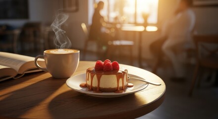 A slice of cheesecake topped with raspberries and caramel sauce, served on a plate with a cup of steaming coffee and an open book in a cozy cafe setting during golden hour