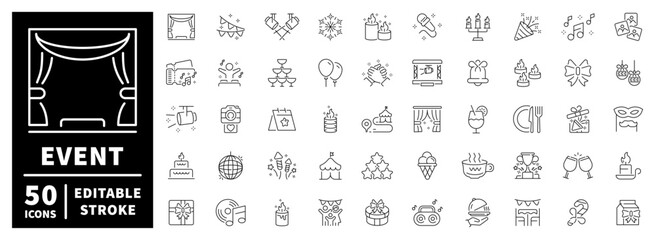 Event and celebration icons set. editable line icons, outline, party, festive