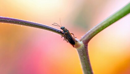 A macro photograph captures a small, dark-bodied insect with prominent antennae resting on a thin, fuzzy plant stem, set against a blurred backdrop of warm colo