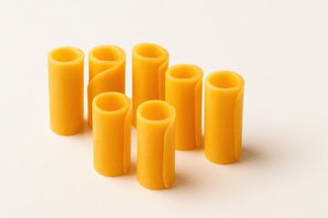 Rolled cheddar cheese slices upright columns zigzag line with backlight on white background for dairy snack cheeseboard party and food themes