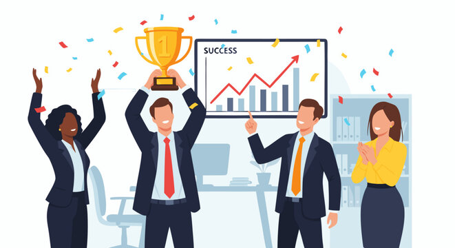 Diverse business team celebrating a victory, holding a gold trophy with confetti falling. Flat vector illustration of corporate success and teamwork