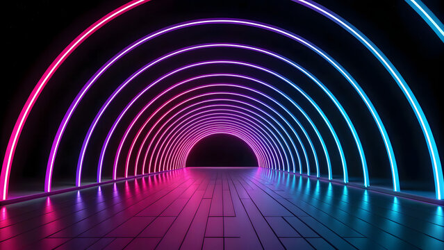 Neon tunnel with glowing blue and pink lights creating futuristic digital background
