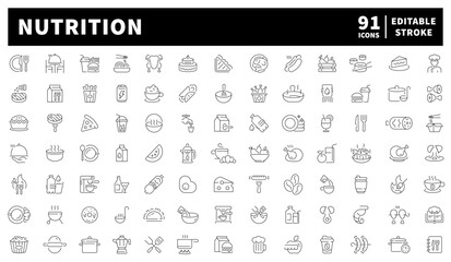 Nutrition icons set. editable line icons for healthy food and clean eating symbols