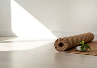 Yoga mat rolled up with a plant and smooth stone in bright room  