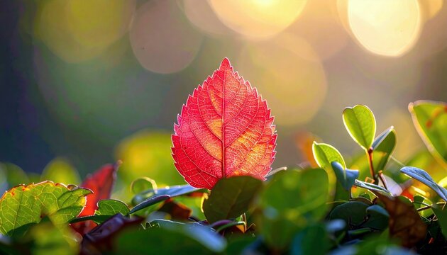 A single red leaf is illuminated by sunlight, standing out against a backdrop of green leaves and blurred bokeh lights.