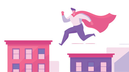 Dynamic superhero leaping across city rooftops at dusk silhouetted against a vibrant twilight sky conveying action and heroism