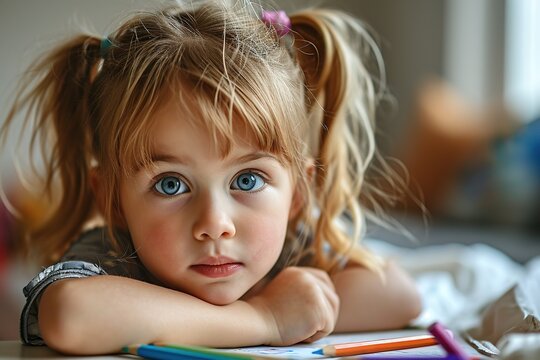 little caucasian girl with blue eyes sitting on desk with book and box of crayons