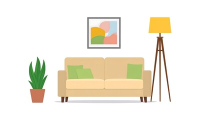 Cartoon-styled, minimalist living room illustration with tan sofa, lamp, abstract art, and potted plant
