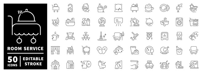 Room service icons set. editable line icons, catering and hospitality symbols
