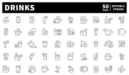 Drinks icons set. editable line icons, outline, beverage and refreshment symbols