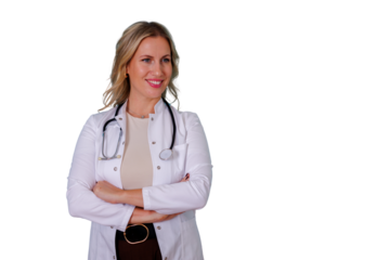 Confident female doctor with stethoscope smiling, arms crossed, offering professional medical care, transparent background for healthcare concepts
