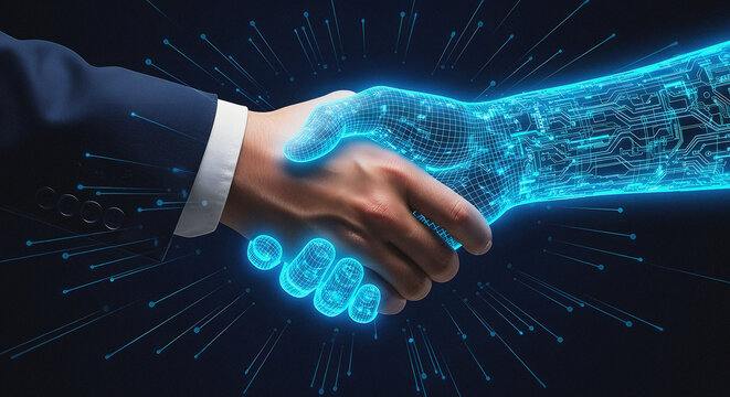 Business Handshake Between Human and Glowing Digital AI Hand Representing Technology Partnership Concept of Artificial Intelligence, Machine Learning, and Future of Collaboration and Deal