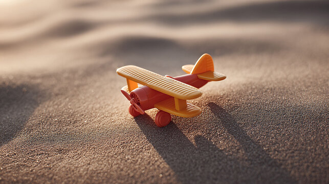 Nostalgic image of a toy airplane on sand, symbolizing dreams, travel, and childhood. Warm, inviting, perfect for travel blogs, ads, or childrens content.