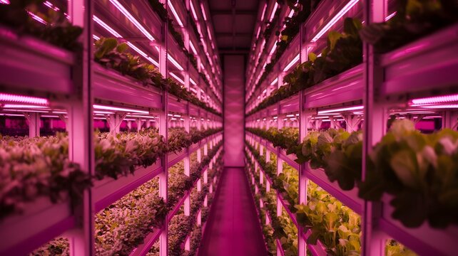 Rows of vibrant green plants growing vertically under bright pink led grow lights in a modern indoor farm