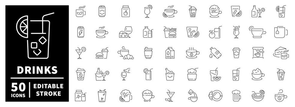 Drinks line icons set. editable, linear, beverages and cocktail symbols