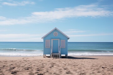 lonely small blue house is on beach. sky is clear and sun is shining