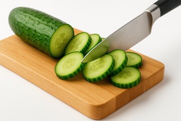 Sliced fresh green cucumber on maple cutting board with chef knife action downstroke on white background for salad ingredient and kitchen themes