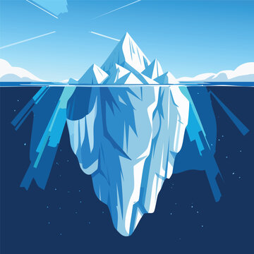 Conceptual illustration of an iceberg with its massive, hidden underwater structure visible beneath the ocean's surface, representing the unseen