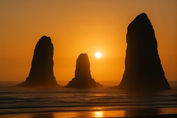 Golden dusk light bathing quiet coastal sea stacks