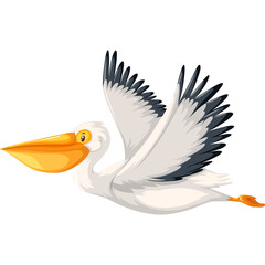 Obraz premium A White Pelican Soars Through The Air With Its Wings Spread Wide Showing Its Yellow Beak And Grey Wingtips On A Transparent Background