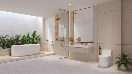 Contemporary minimalist bathroom with hexagon wall tiles, wooden textures, with bathhub and elegant design. Warm natural tones and clean modern style.3drender