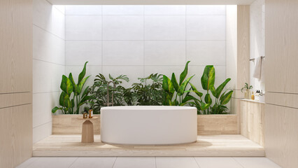 Bright modern bathroom with white bathtub and tropical indoor plants. Minimalist natural design featuring wooden surfaces and soft daylight.3drender