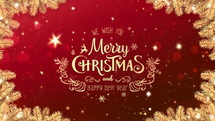 Gold Christmas and New Year Typographical on red Xmas background with winter landscape with snowflakes, light, stars. Merry Christmas card. Vector Illustration
