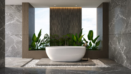 Modern luxury bathroom with marble tiles, freestanding bathtub, and indoor plants. Clean minimalist design combining nature, and stone,3drender