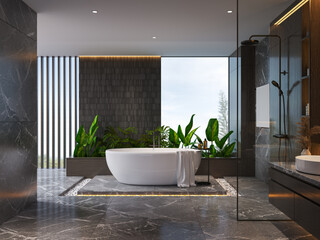 Luxury minimalist bathroom interior with marble walls, white bathtub, and lush green plants. Soft daylight enhances the cozy and natural atmosphere..3drender