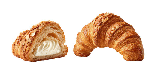 Golden croissant halves filled with creamy goodness and topped with almonds