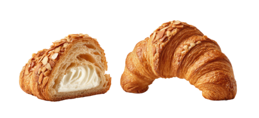 Golden croissant halves filled with creamy goodness and topped with almonds