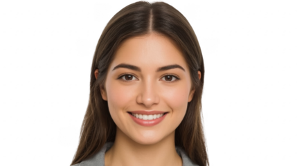 A portrait of a smiling woman with brown hair and eyes against a black background close up shot