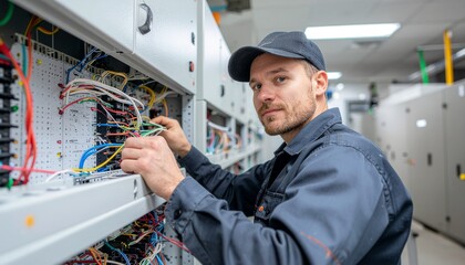 Electrician at Work: A skilled electrician focused meticulously within an electrical panel, ensuring the safe and efficient distribution of power. A portrait of expertise and precision.