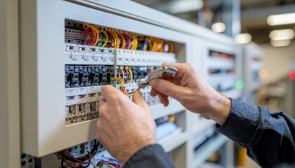 Wiring: A skilled electrician meticulously works on an intricate electrical panel, demonstrating precision and expertise