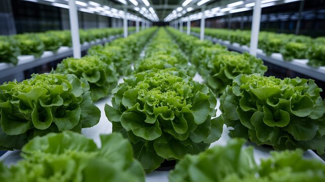 Rows of vibrant green lettuce plants growing in a modern indoor vertical farm illuminated by bright led lights