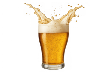Glass of refreshing beer with froth and golden liquid splashing out, a cold alcoholic drink on transparent background
