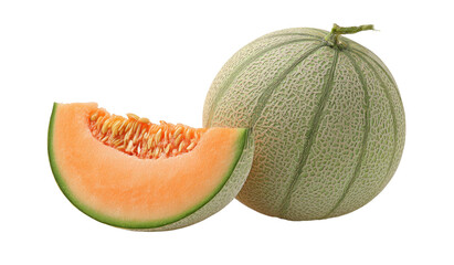 A whole cantaloupe and a slice showing seeds and bright orange flesh