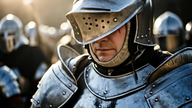 Knight man lifts and lowers his helmet visor in sequence, preparing for battle, historical reenactment footage.