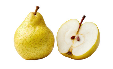 Golden pear, whole and halved, revealing juicy interior and seeds