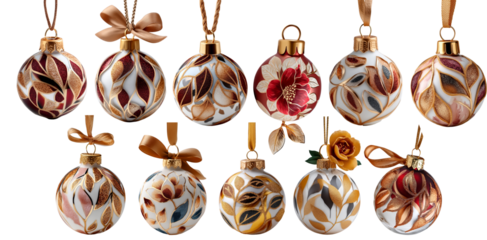 Decorative Christmas ornaments featuring intricate designs and vibrant colors, showcasing festive spirit and holiday cheer with copy space for text. transparent background, isolated image