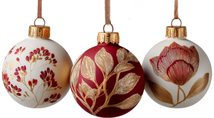 Decorative Christmas ornaments featuring intricate floral designs and rich colors, ideal for holiday celebrations and festive decor with copy space. transparent background, isolated image