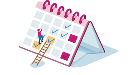 Isometric calendar grid transforming into a rising staircase symbolizing progress growth and time progression in a 3d perspective