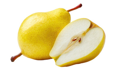 A whole yellow pear with a single cut half showcasing seeds