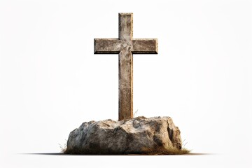 large old and weathered cross is sitting on rock isolated white. cross surrounded by grass and dirt, giving it somewhat abandoned and desolate appearance. Concept of solitude and contemplation